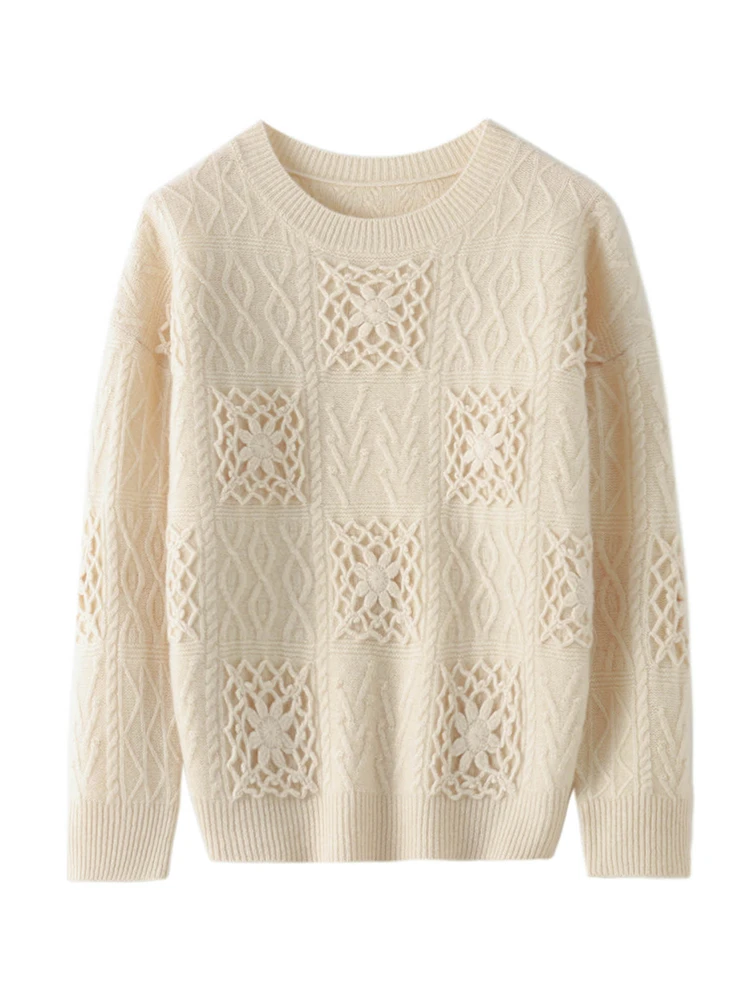 

Осень-зима ажурный свитер женский 100% мериносовая шерсть вязаный пуловер мягкий теплый круглый вырез ретро жаккардовая женская одежда топы