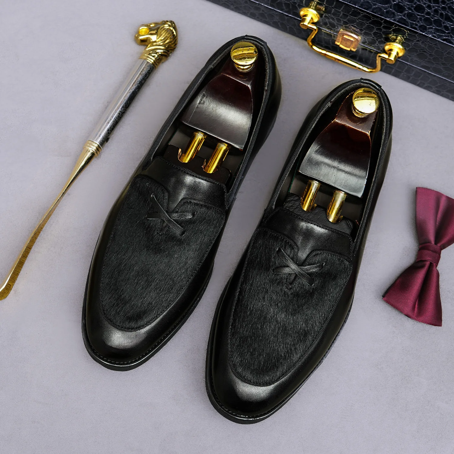 Genuine Leather Loafers Slip On Men's Shoes Mixed Horse Hair Panel Hand Crafted Welt Stitching Social Wedding Daily Casual Shoes