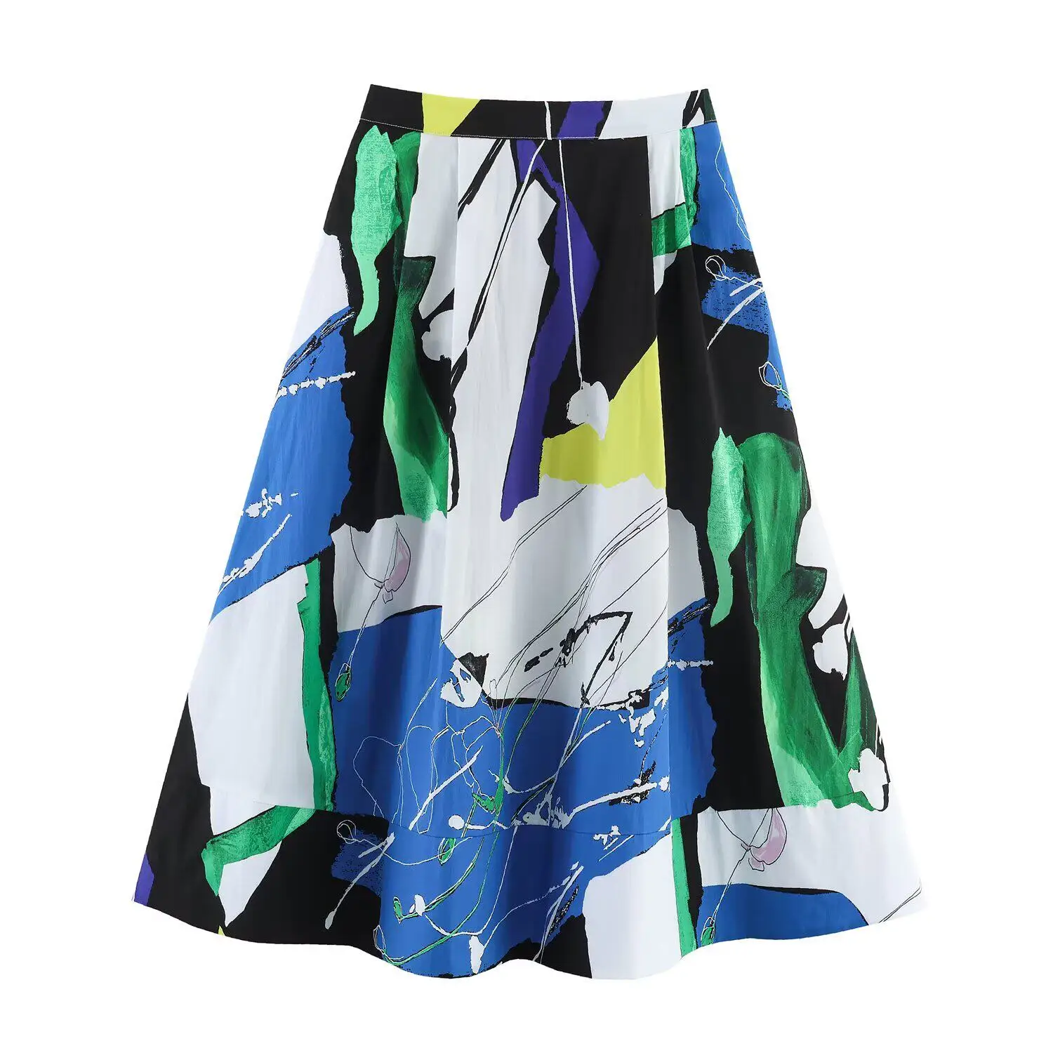 Print Pleated Midi Skirt for Women 2026 Spring New American Style Splicing Woman Clothes Personalized Fashion Mid-waist Skirts