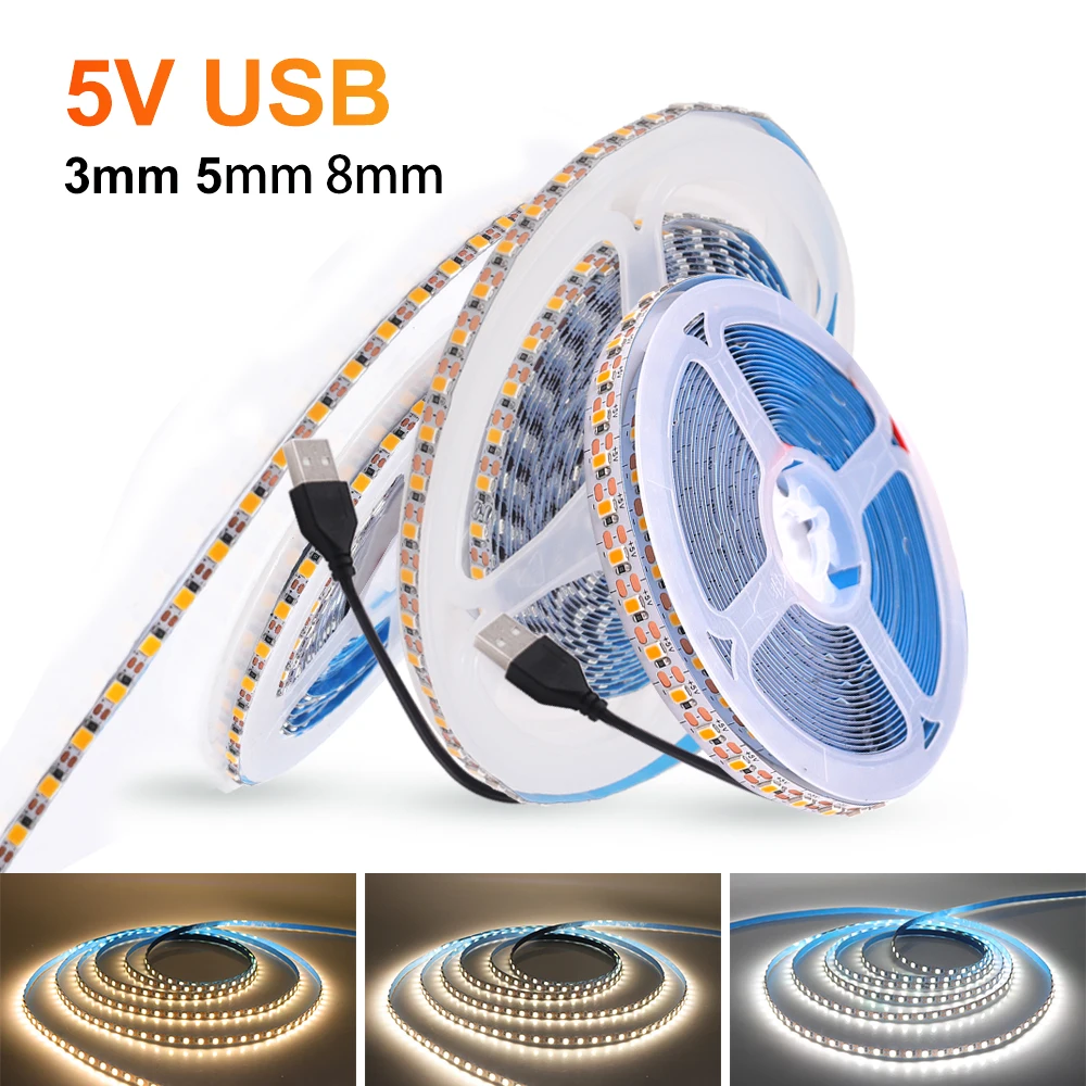 Warm White LED Strip Light, Iluminação de fundo TV, Fita USB, Home Decor Lamp, 2835, 120LEDs por m, DC 5V, 3mm, 5mm, 8mm, 2835