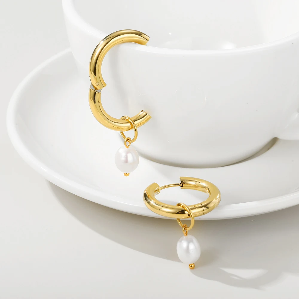 YACHAN Fashion Pearl Pendant Drop Earrings for Women Stainless Steel Hoop High Quality Waterproof Jewelry