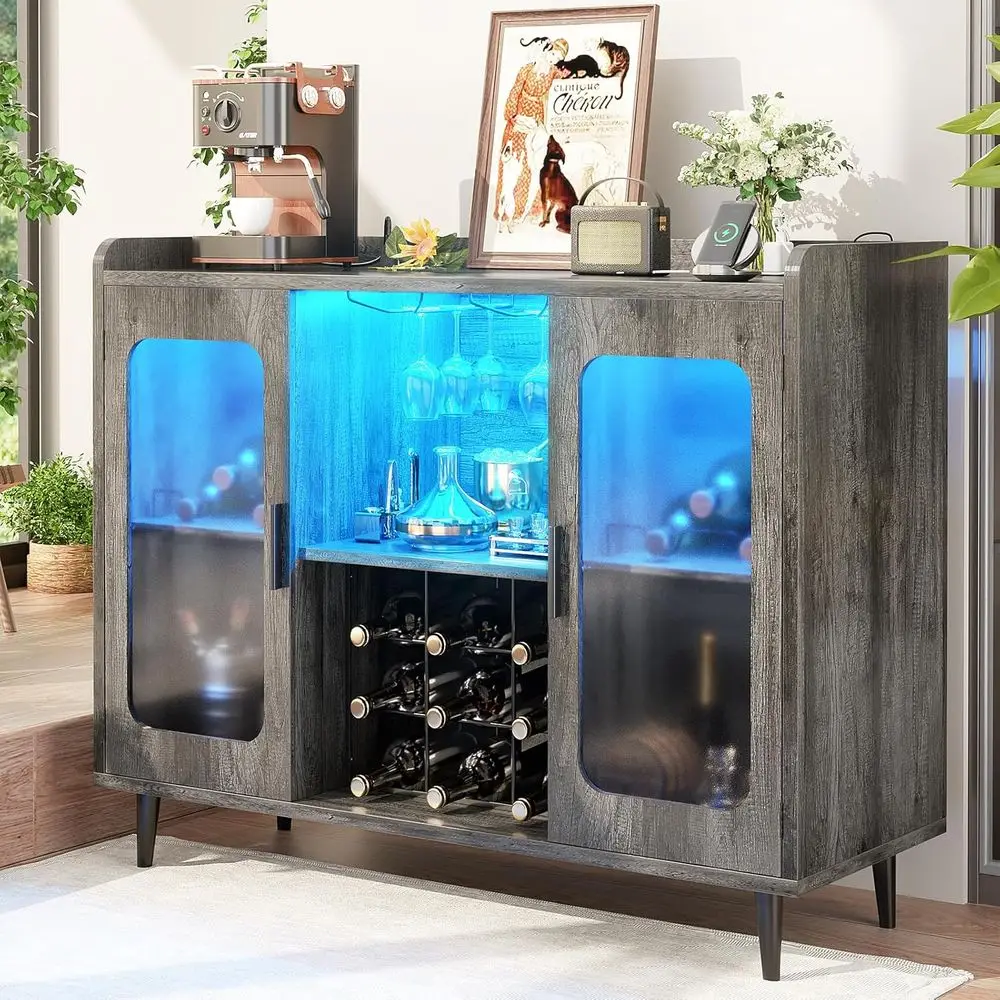 Wine Bar Cabinet with Power Outlet, Liquor Cabinet Bar with LED Light and Glass Holder, Home Coee Bar Cabinet, Buet Sideboard wi