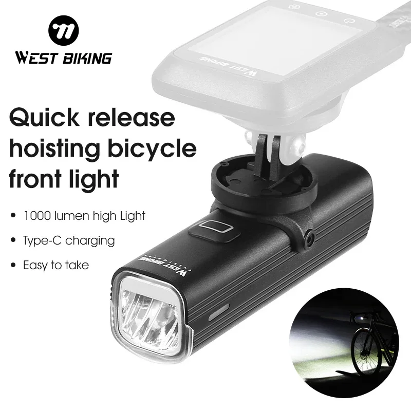 

WEST BIKING 1000 Lumen Quick Release Hoisting Light Type-C Charging Bike Light 4500mAh MTB Front Headlight Ultralight Flashlight