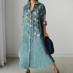 2024 Autumn Women's Retro Floral Print Shirt Dress Women's New Fashion Shirt Women's Loose Casual V-Neck Pocket Dress Streetwear