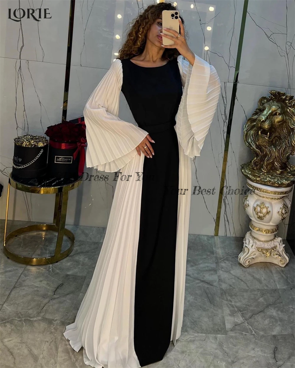 LORIE Color Mixed Formal Evening Dresses Pleated Flare Sleeves Solid O-Neck Prom Dress Dubai Bridesmaid Occasional Party Gowns