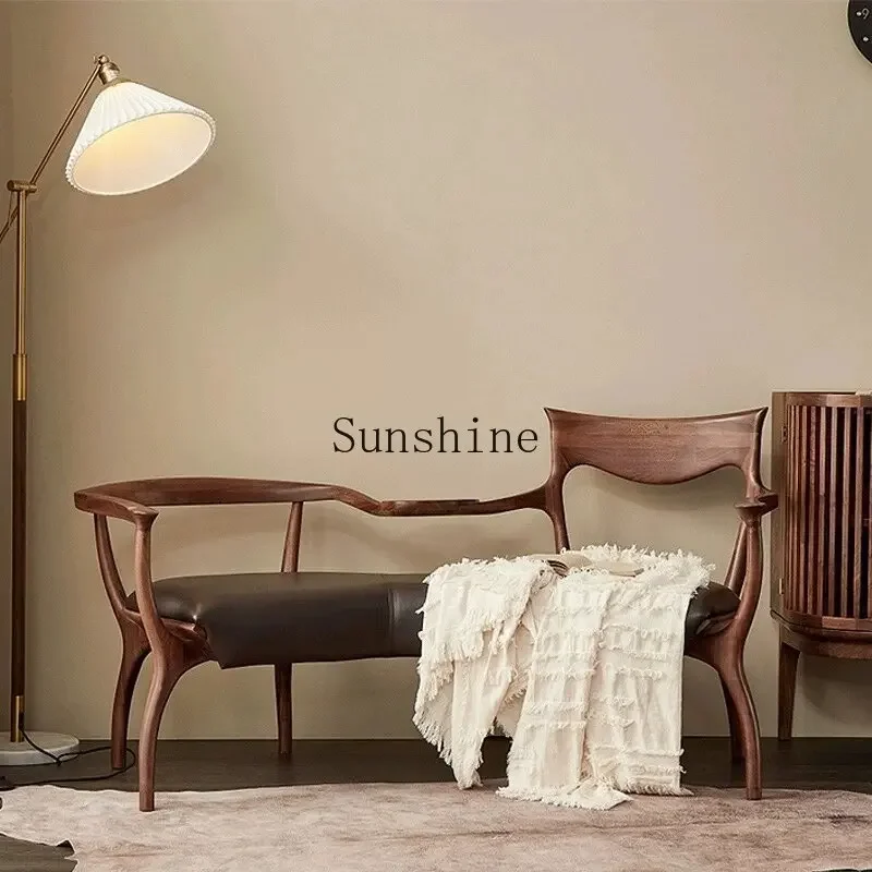 Light luxury walnut leisure home living room one-piece leather art solid wood double chair  FT