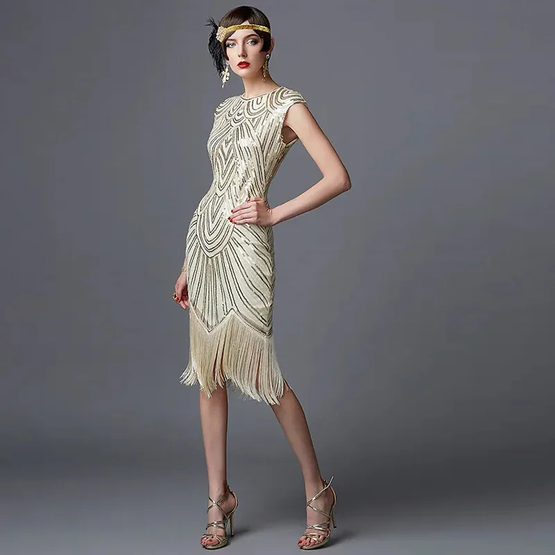 

1920 S Vintage Sequins Dress O-Neck Tassels Bodycon Beaded Party Dress Flapper Long Dresses