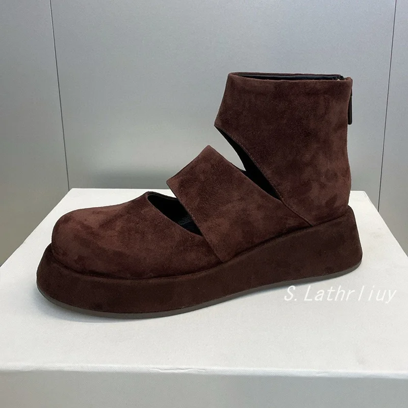 Hollow Out Short Boots Women's Genuine Leather Thick Soled Modern Boots Summer Round Toe Back Zip Casual Versatile Ankle Boots