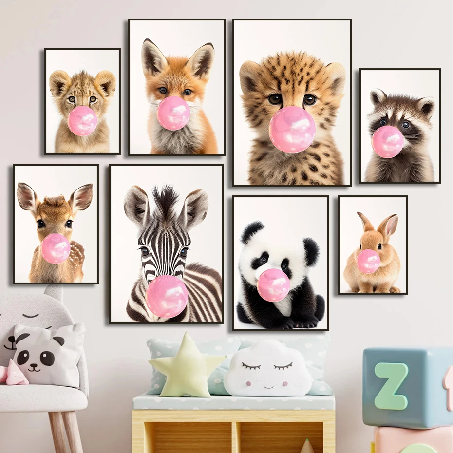 Baby Zebra Rabbit Deer Zebra Raccoon with Pink Gum Poster Baby Animals Nursery Wall Art Canvas Painting Print Wall Decor Mural