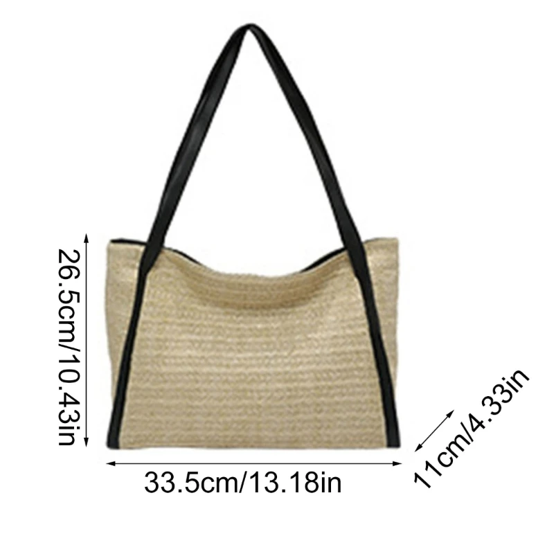 Bolso paja tejido informal para mujer, bolso playa capacidad con asa superior, bolso hombro con cremallera para