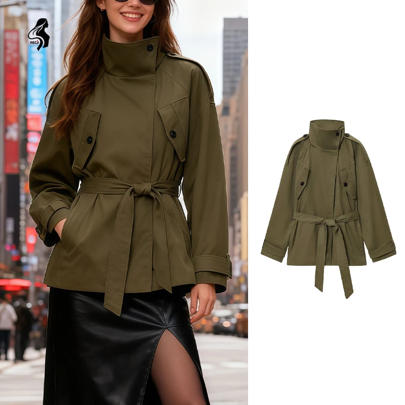 

Женский плащ с воротником-стойкой на талии, короткий универсальный плащ, обязательный товар на весну и осень Trafizaran