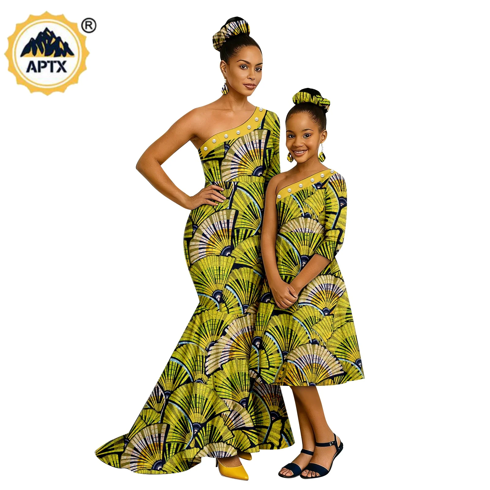 African Print Mermaid Dresses for Women Family Outfits Dashiki Couple Clothes Mother Daughter Beading Dresses Outwear 26F003