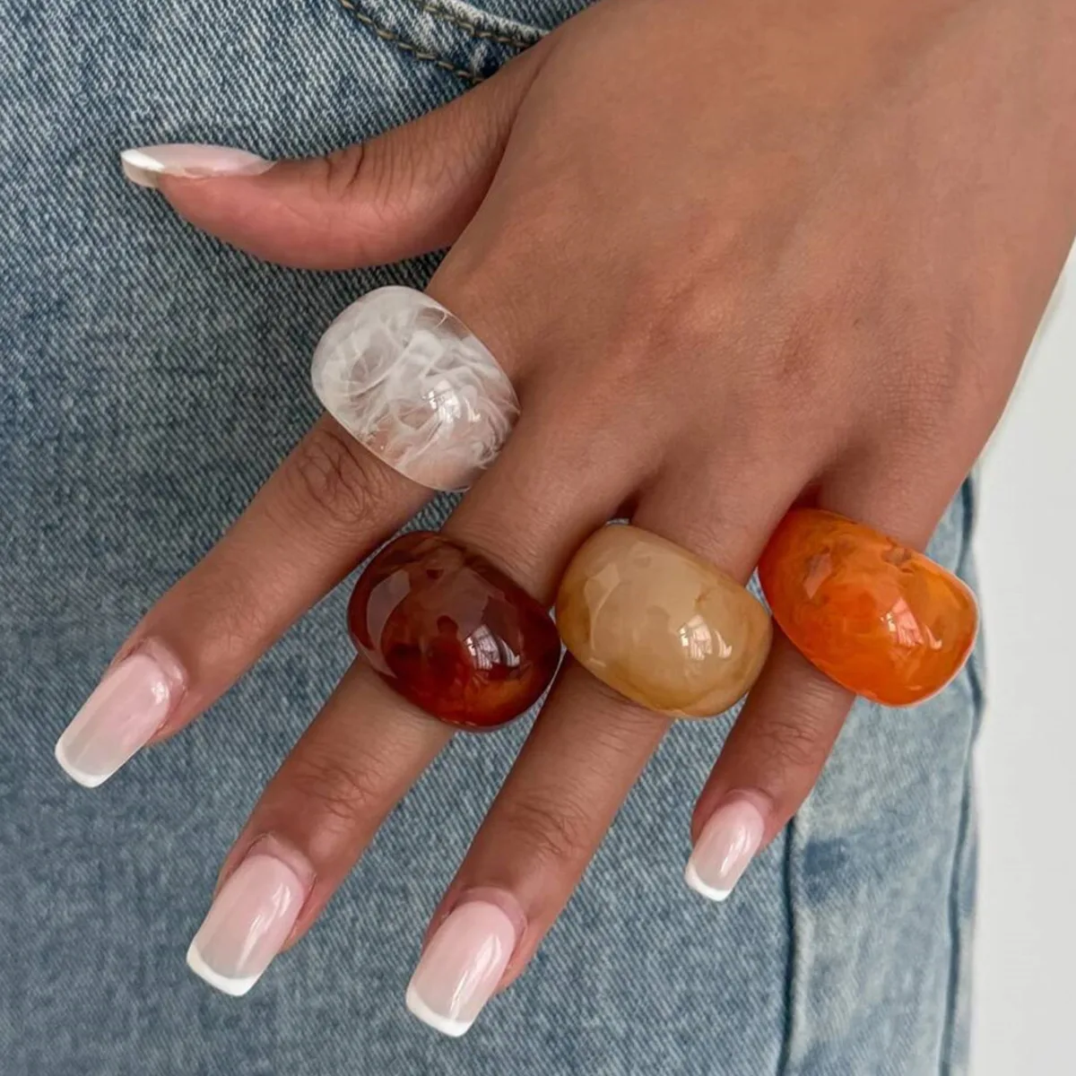 KunJoe Retro Wine Red Orange Resin Acrylic Chunky Rings Set for Women Minimalist Geometric Smooth Knuckle Rings Elegant Jewelry