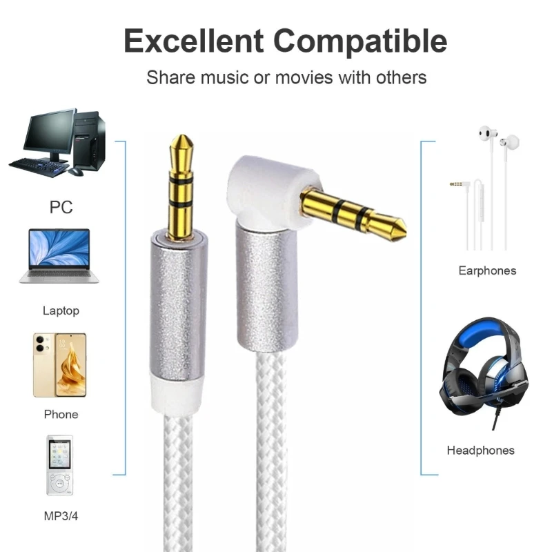 3.5mm Straigt Head to 90 Degree Right Angle AUX Cable Cord Wide Compatibility Good Conductivity for Multiple Devices