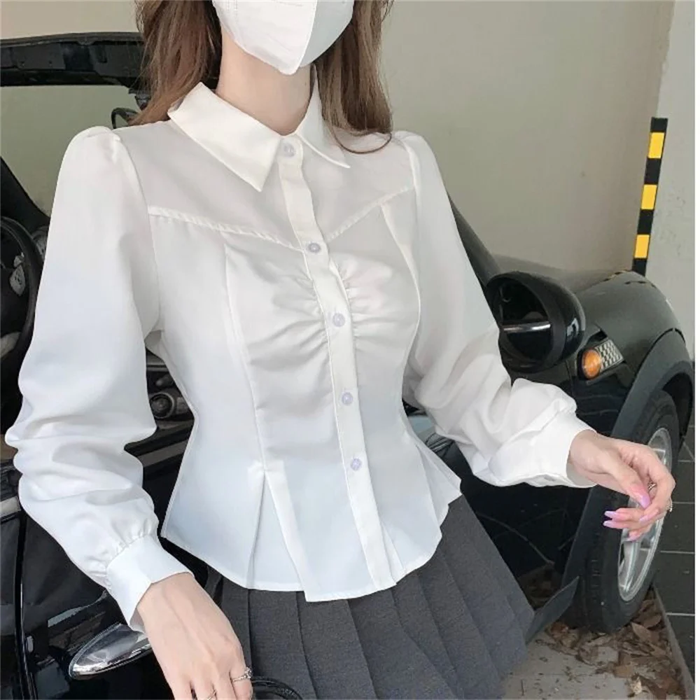 

White Shirts Women Slim Clothing Spring Autumn Students Shirt All-match Preppy Style Blouse Simple Streetwear Turn Down Collar