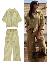2025 New Woman Trouser Set Jacquard Long Sleeves Shirt Top + Casual Chic Elegant Women's Wide Leg Long Pant Streetwear