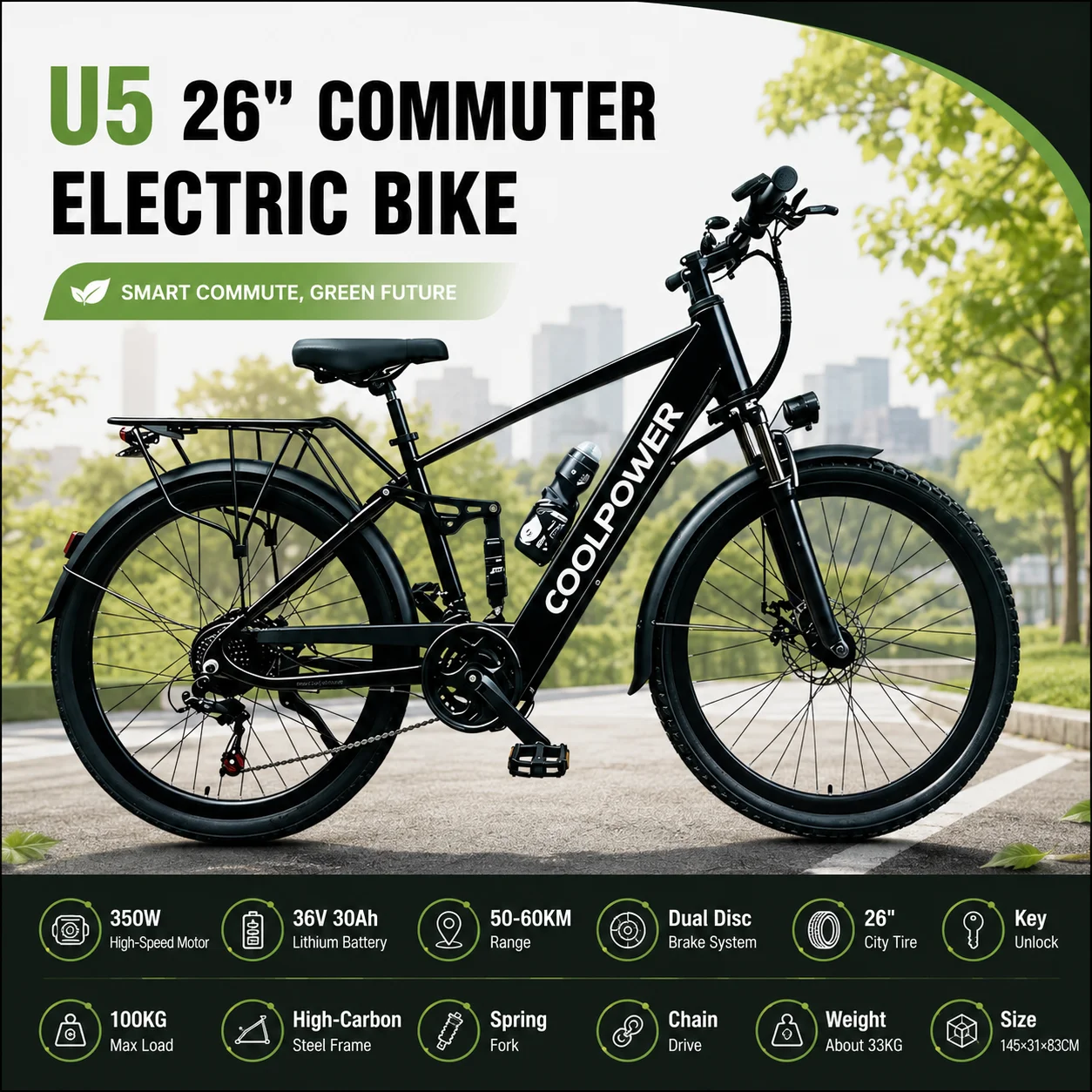 

26 Inch Electric City Bike for Adults 350W Motor 36V 30Ah Battery Long Range Dual Disc Brake High Carbon Steel Commuter E-Bicycl