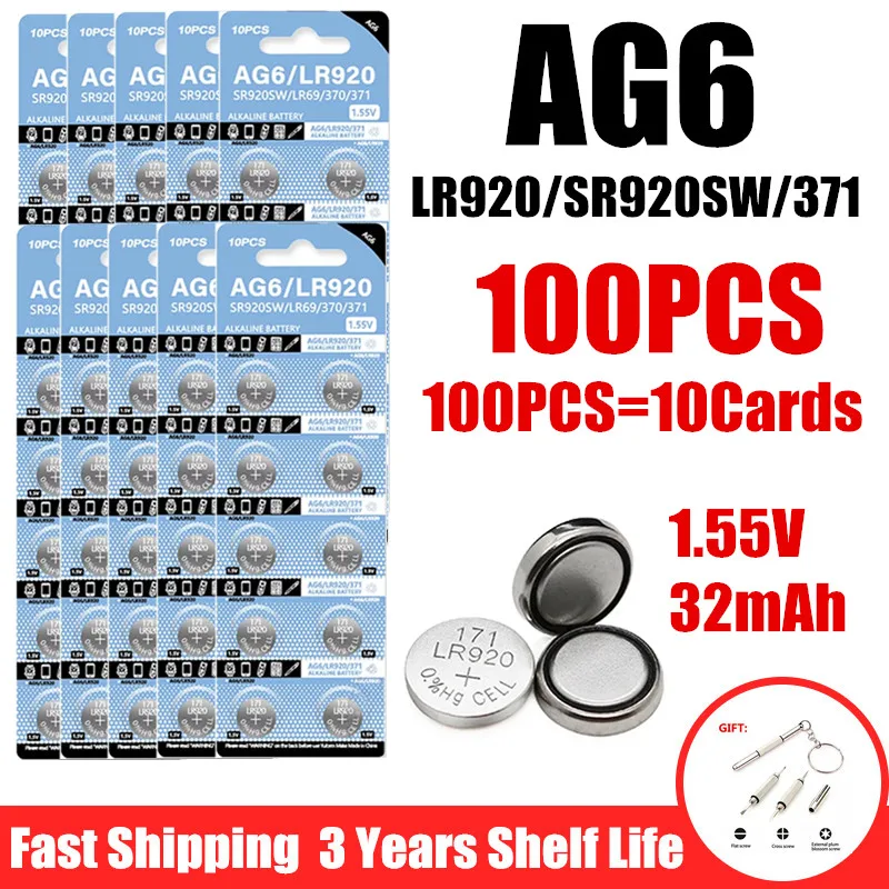 100Pcs AG6 Alkaline Button Batteries LR920 SR920SW 371 V37 SR69 L921 Cell Coin Battery for Watch Toys Calculators pilas