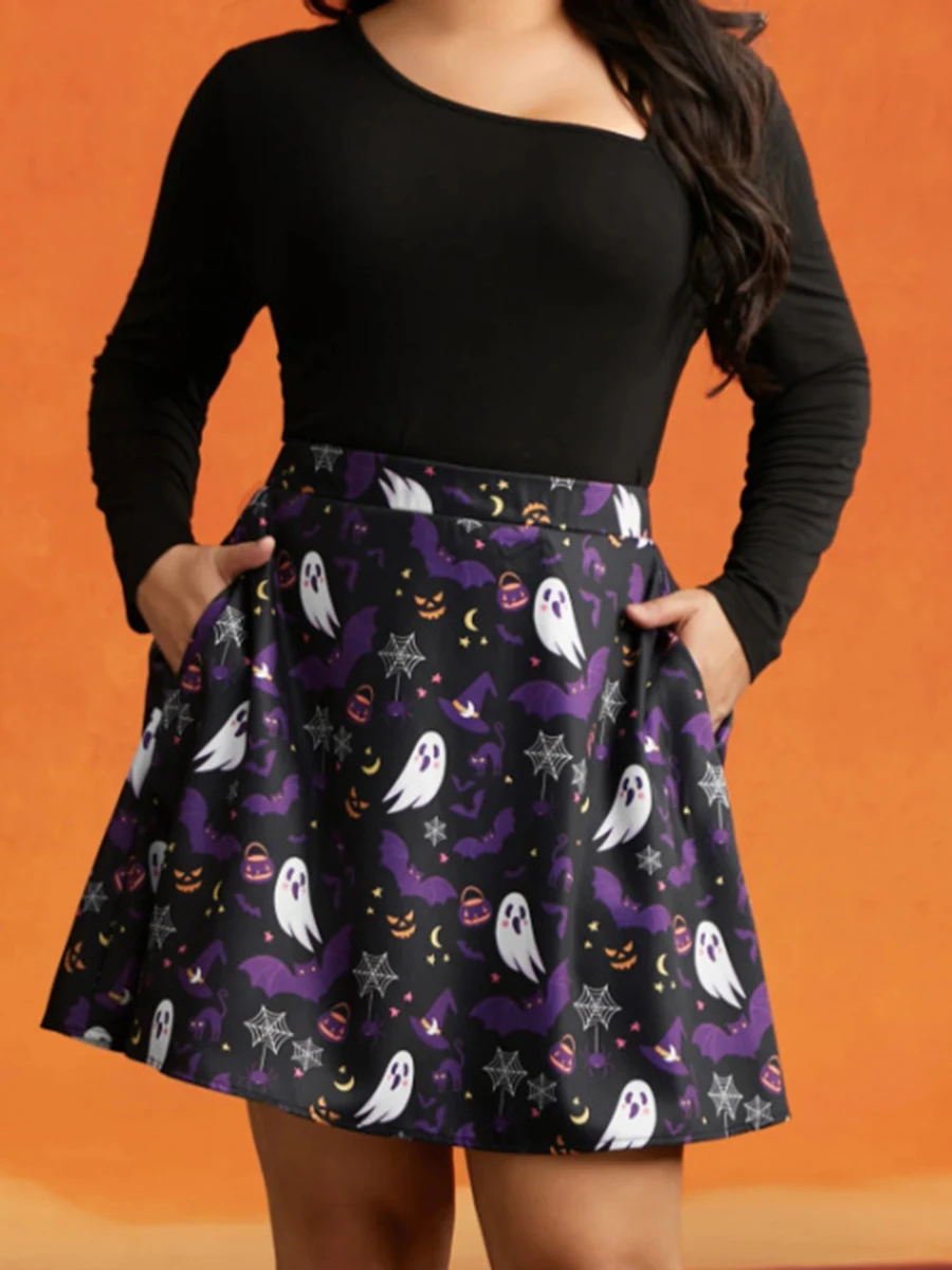 Rok lipit antik Halloween wanita, Rok Midi motif labu pinggang tinggi Retro, rok pesta liburan klasik