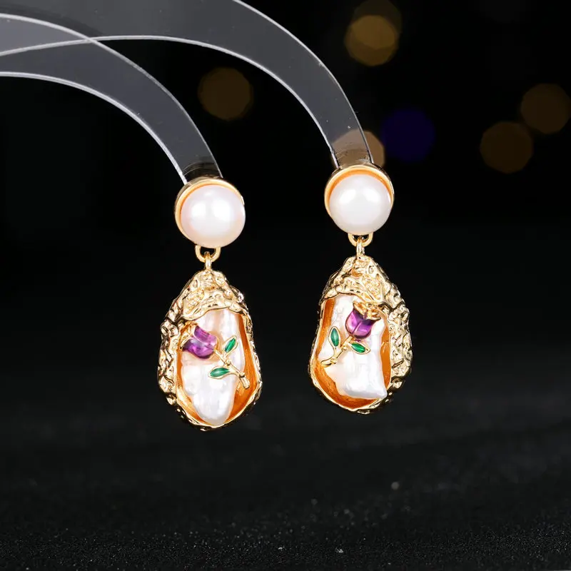 أقراط على شكل زهرة من اللؤلؤ الطبيعي، أزياء باروكية قديمة، أقراط أنيقة ورائعة s925 أقراط إبرة فضية على شكل وردة