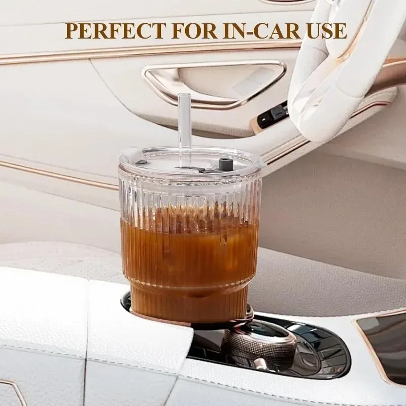 400/600ML Gestreifter Glas-Kaffeebecher Transparenter Trinkbecher mit Deckel und Strohhalm Großer Saft- und Eiskaffeebecher – Detail 5