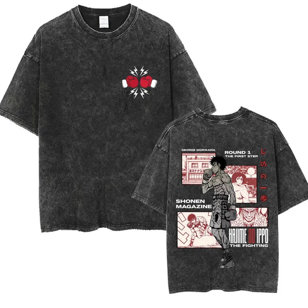 Anime Hajime No Ippo Vintage Washed T-shirt Takamura Hawk KGB T Shirts Kamogawa Boxing Gym T Shirt Men Fashion Oversized Tshirt