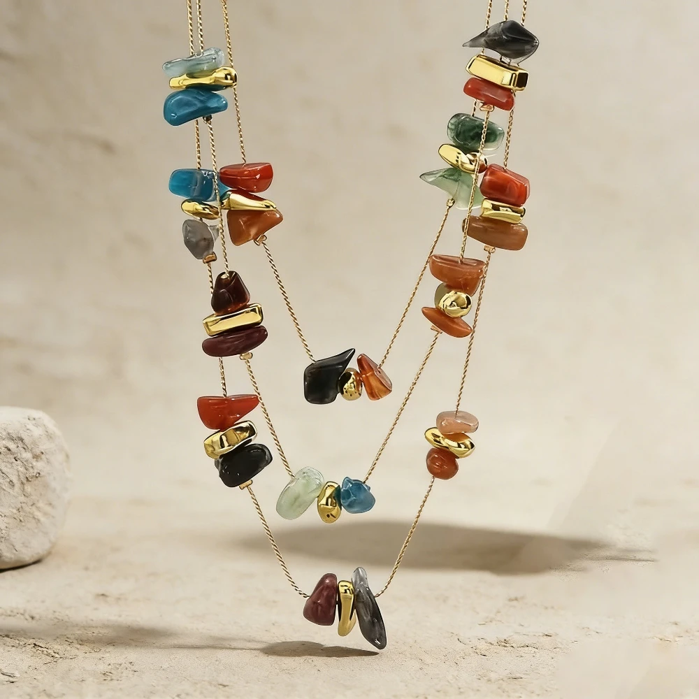 Colorful Natural Stone Multi-layer Necklaces Women Personality Versatile High-end Sense Necklace Fashion Jewelry Birthday Gift