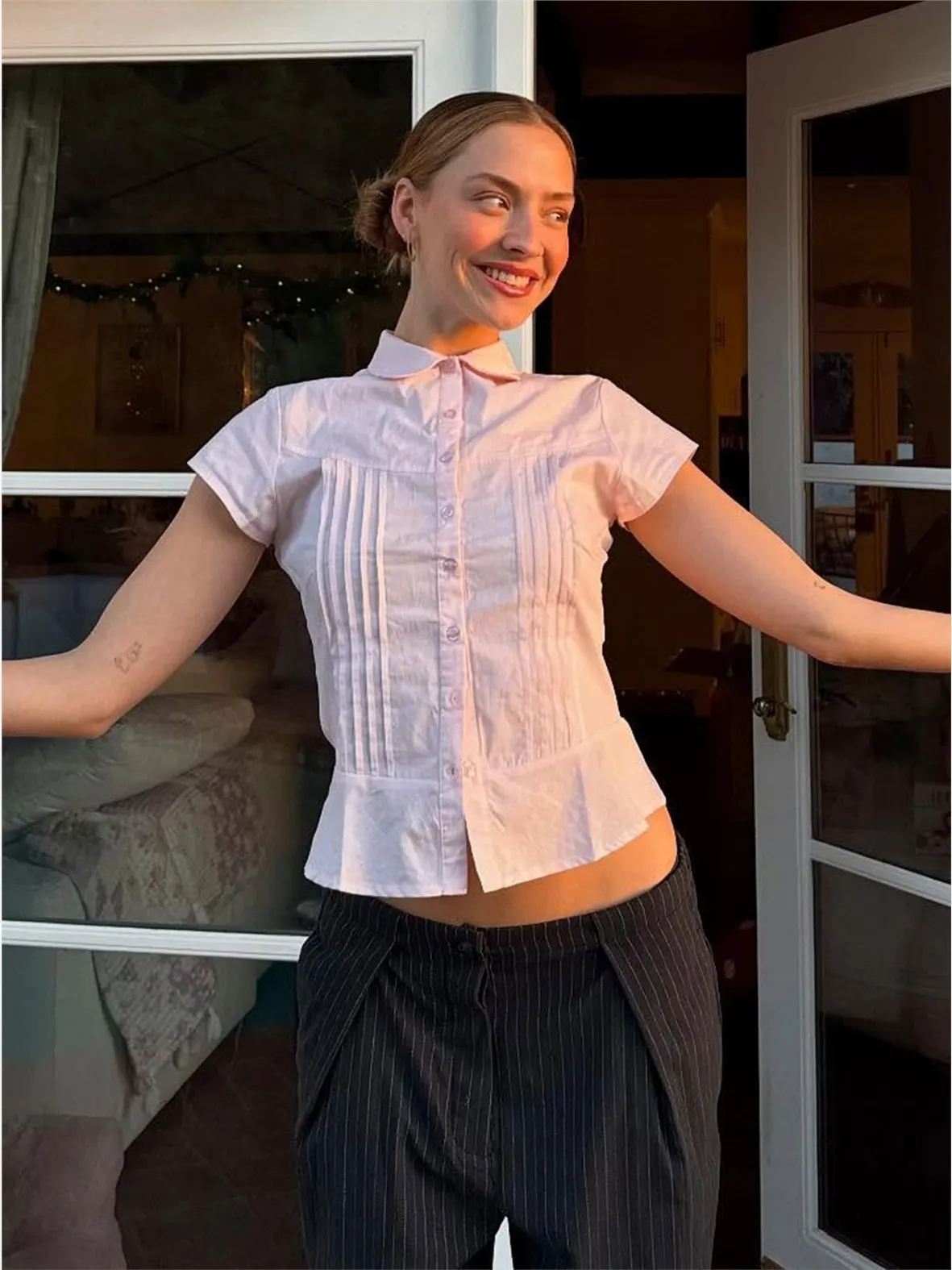 Slim Fit ort Sve irt Accordion Pleat Women's Faion Casual irt Pure Color Polyester Fiber Blend HGWLT27783