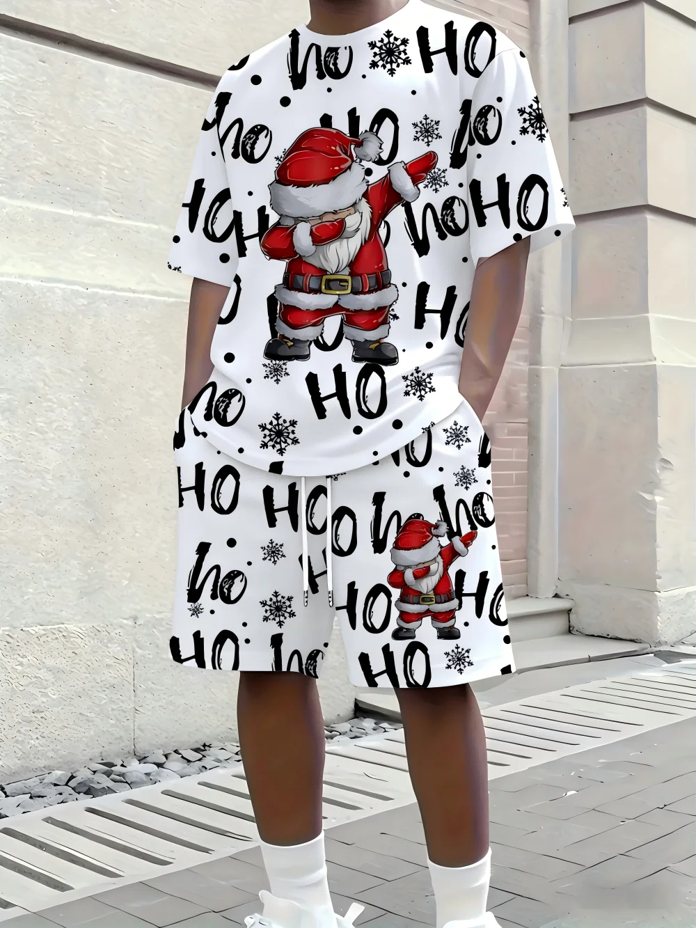 

American Summer Men's Santa Claus Printed Comfortable Breathable Round Neck T-shirt Drawstring Shorts Outdoor Casual Wear