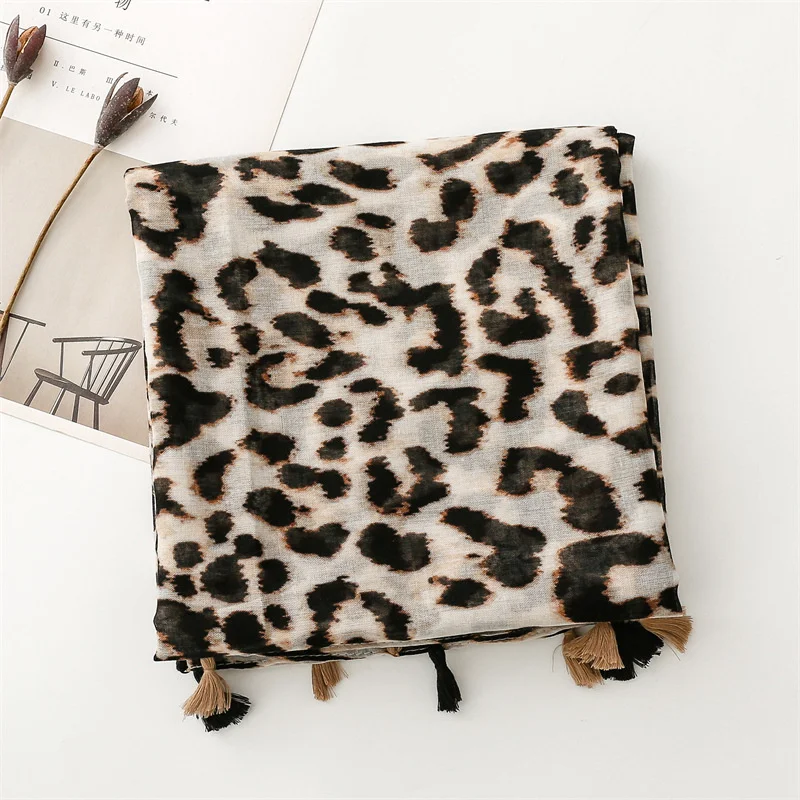 Bufanda de lujo con estampado de leopardo para mujer, chal de lino y algodón con borlas, Hijab musulmán para las cuatro estaciones, 90x2024 cm, 180