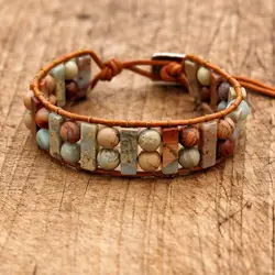 Mixed Shoushan Beads Natural Stone Bohemian Vintage Handmade Woven Wrap Bracelet For Women Leather Bracelet Fashion Jewelry Gift