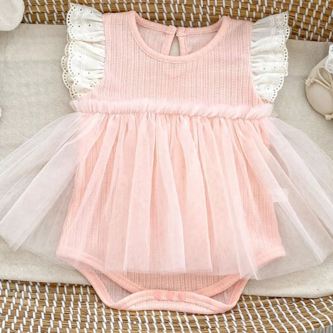 2026 New Baby Lace Flying Sleeve Mesh Bag Fart Dress Summer Sweet Beauty Baby Princess Dress  Crawling Clothes
