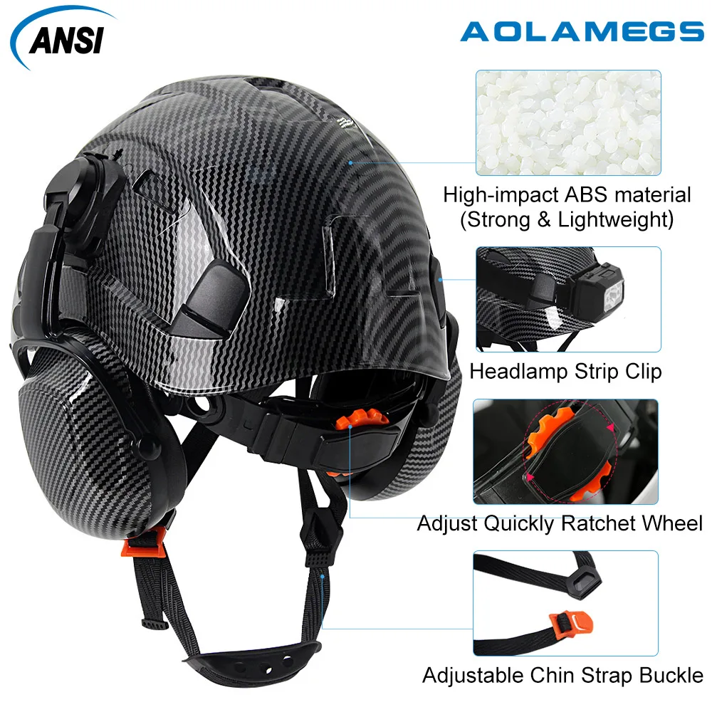 CE Carbon Fiber Safety Helmet W/ Earmuffs Double Goggles ABS Construction Hard Hat For Engineer High Quality Work Cap ANSI