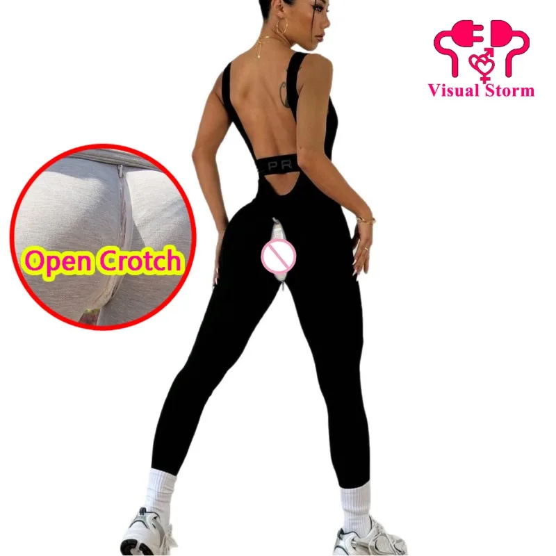 Yoga Sexy Open Crotch Panties Full Body Hidden Zippers Pants Elastic Back Hollow Out Trousers Sportwear Crotchless Lingerie