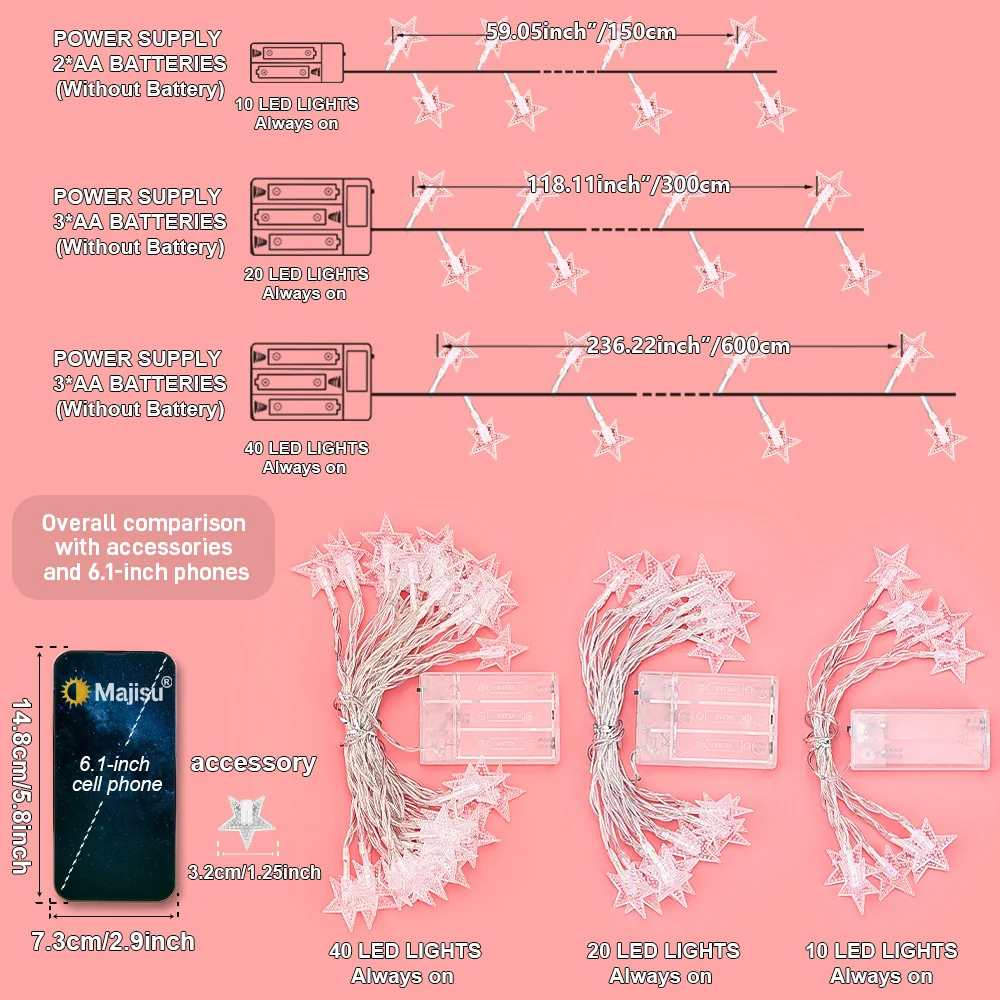 أضواء سلسلة النجوم، تعمل بالبطارية 40/20/10 LED لطيف معلق ستار الجنية ضوء لغرفة النوم حفل زفاف شجرة عيد الميلاد الديكور #2