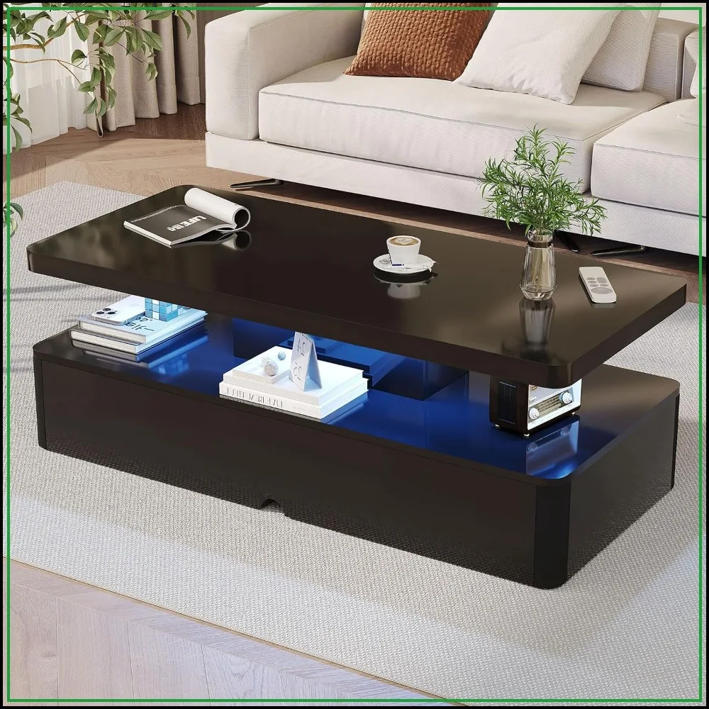 47 Inches Wood Coffee Table 16 Colors LED Lights, 2 Tier, Storage Space Living Room, Bedroom, Office