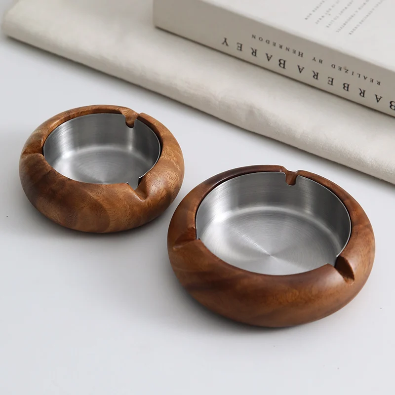 Walnut stainless steel ashtray Chinese style high-end solid wood retro hotel home office anti-fall