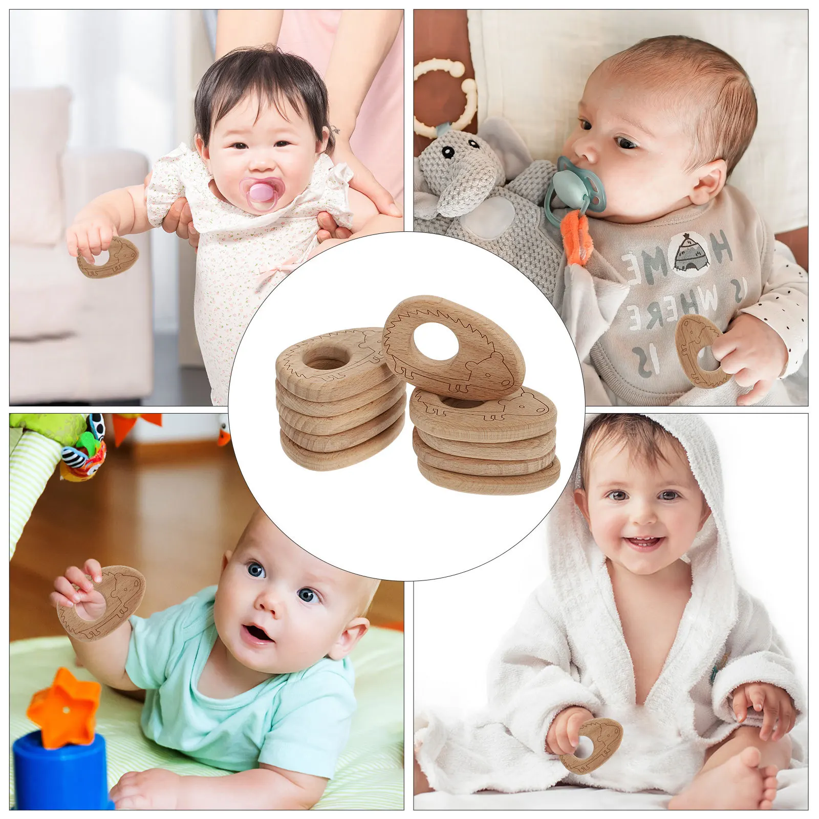 10 Uds. Colgante de madera de haya para bebé, bonito patrón de dibujos animados, mordedor Molar, cadena de chupete, decoración, juguete de haya, juguete de madera para niños