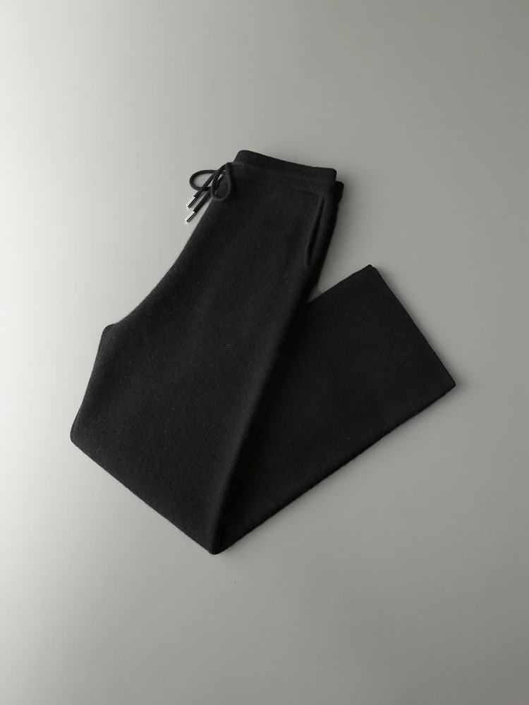 2025 New Chic Men's 100% Merino Wool Knitted  Wide Leg Pants Smart Casual Loose Trousers Autumn Winter Thick Soft Fashion Pants