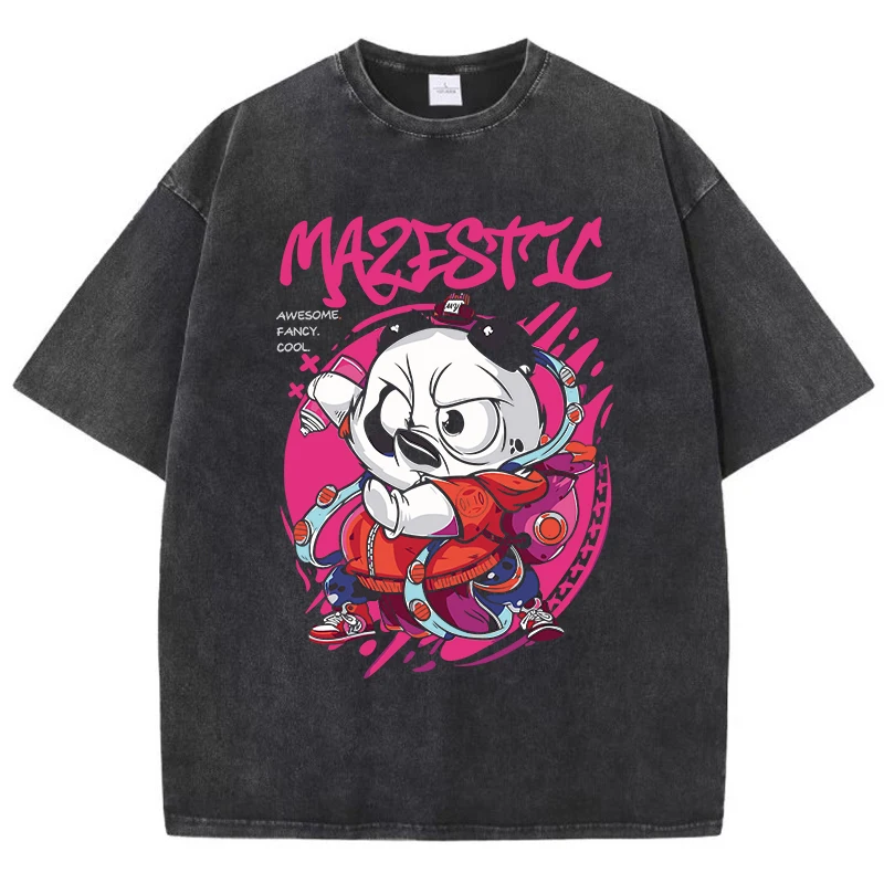 Street Woman Washed T-Shirts Cute Cartoons Kung Fu Pandaprint Short Sleeve Crewneck Cotton Oversize Tops Summer Female Clothes