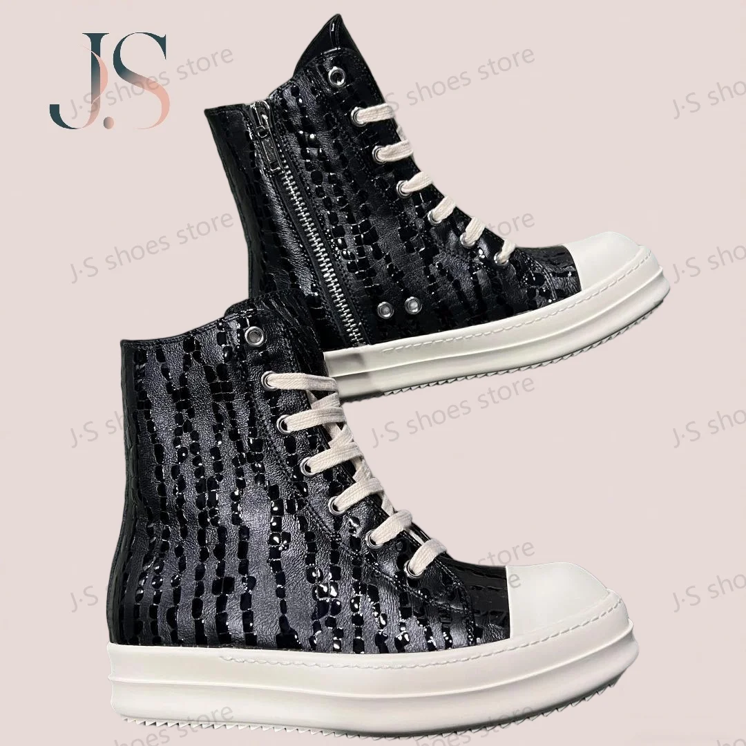 

R-o Design Black Leather High Top Shoe Luxury Men Shoes Women Casual Sneaker Ankle Boot Zipper Square Water Drop Style Sneakers