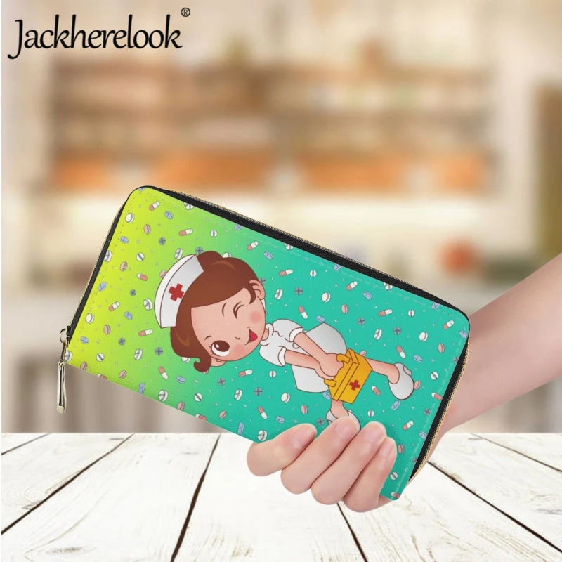 

Jackherelook Color Gradient Cute Nurse Pattern Wallet New Women's Leather Long Money Bag Exquisite Bank Card Holder Purse Clutch