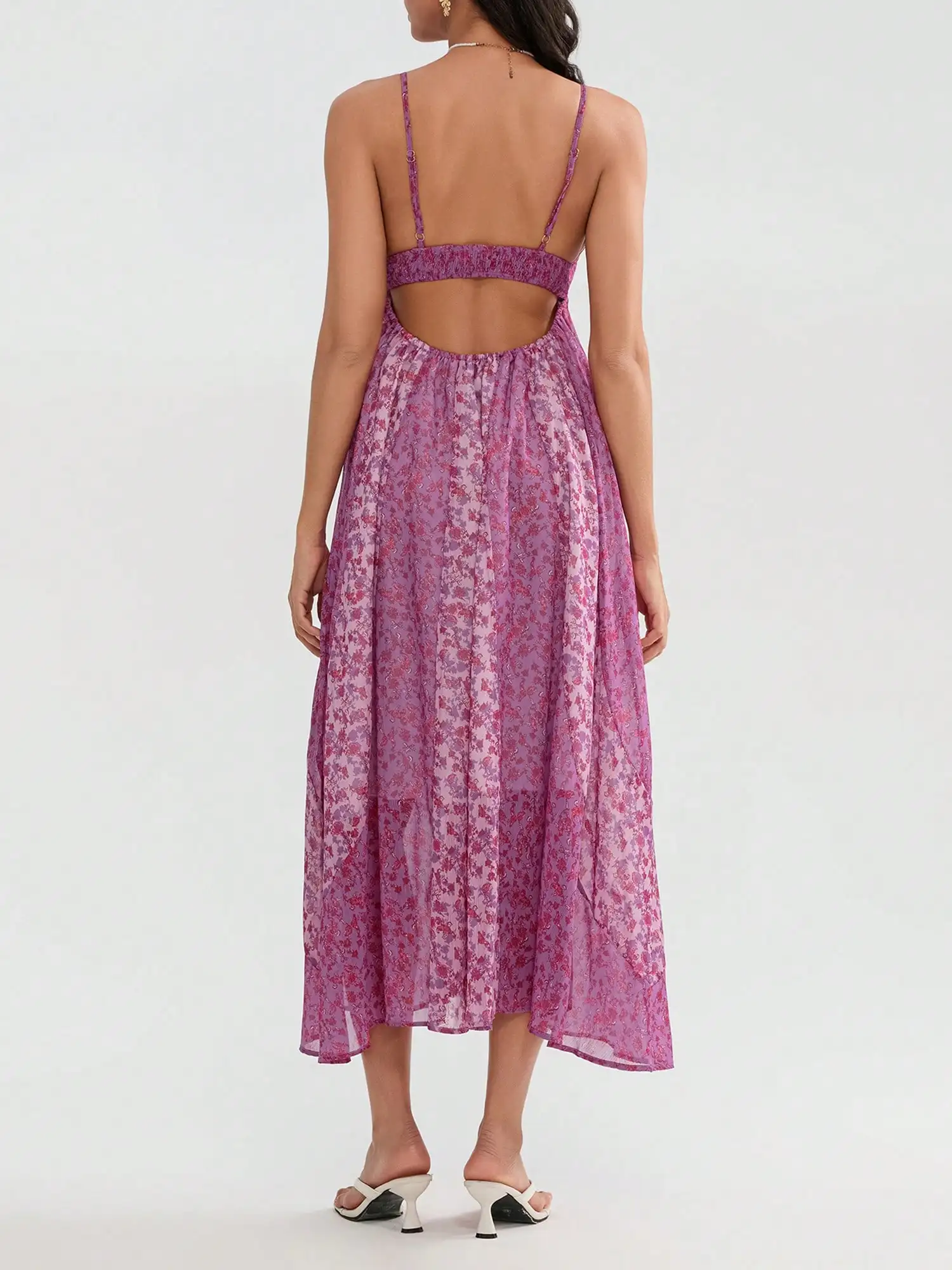 

Floral Boho Spaghetti Strap Backless Maxi Dress For Women Flowy Beach Sundress