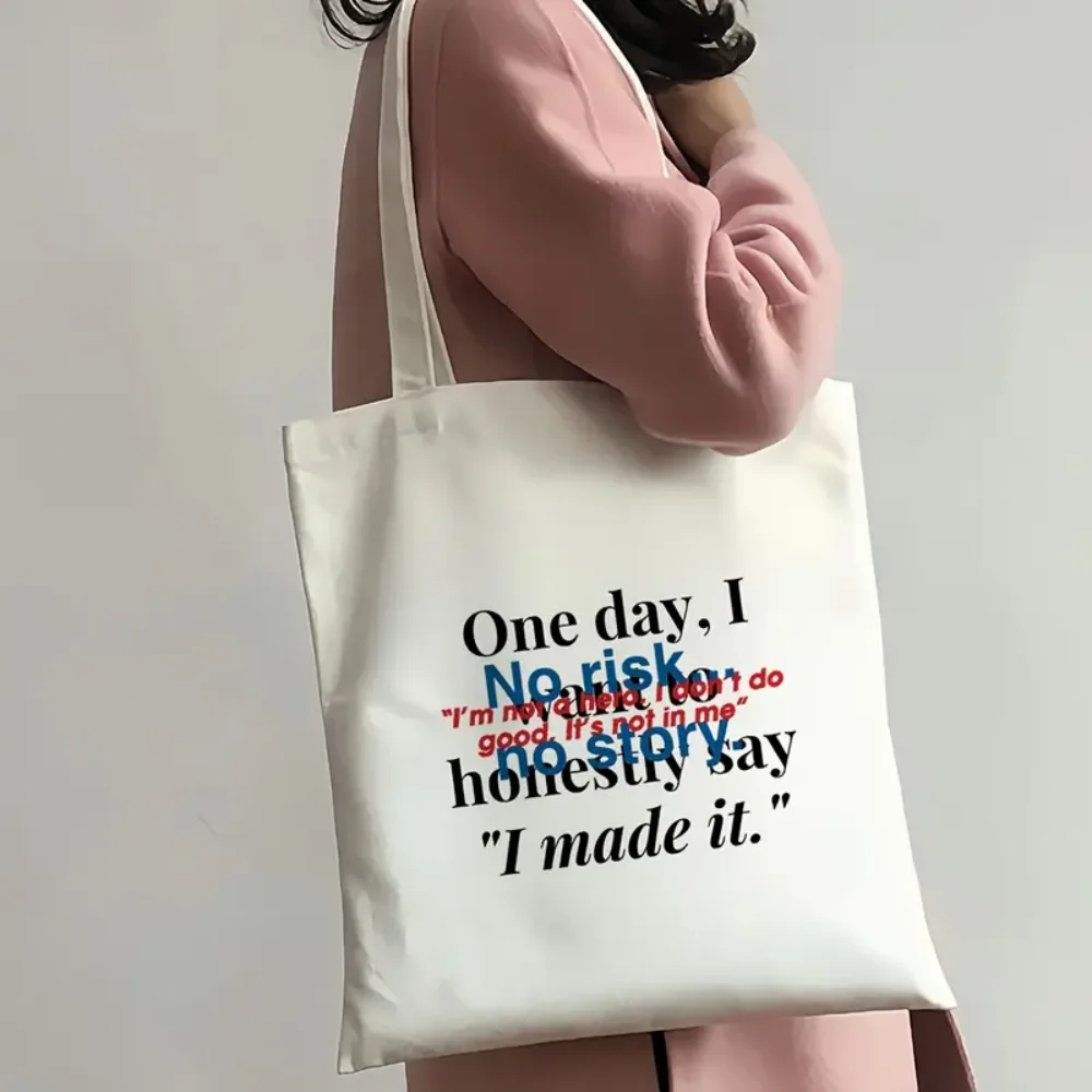 

Inspirational No Risk No Story Quote Printed Canvas Tote Bag Shopping Handbag For Motivational Style Daily Casual Carry Bag