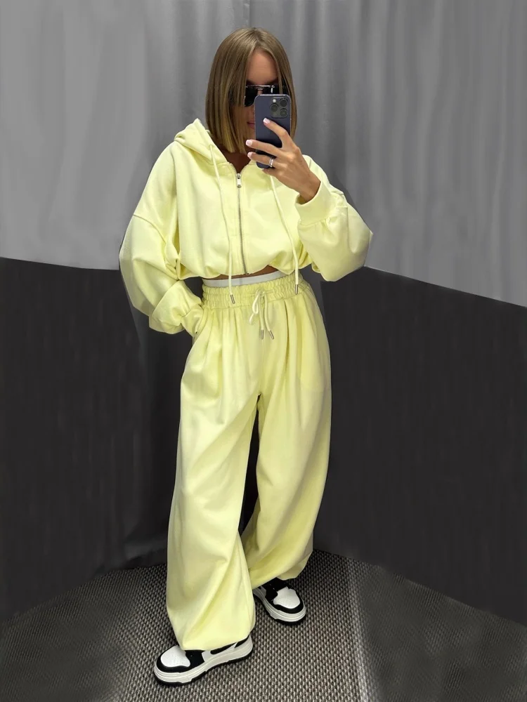 

Wmstar комплект из двух предметов для женщин, оптовая продажа, женская мода, повседневная свободная короткая толстовка на молнии с высокой талией, широкие брюки, спортивные