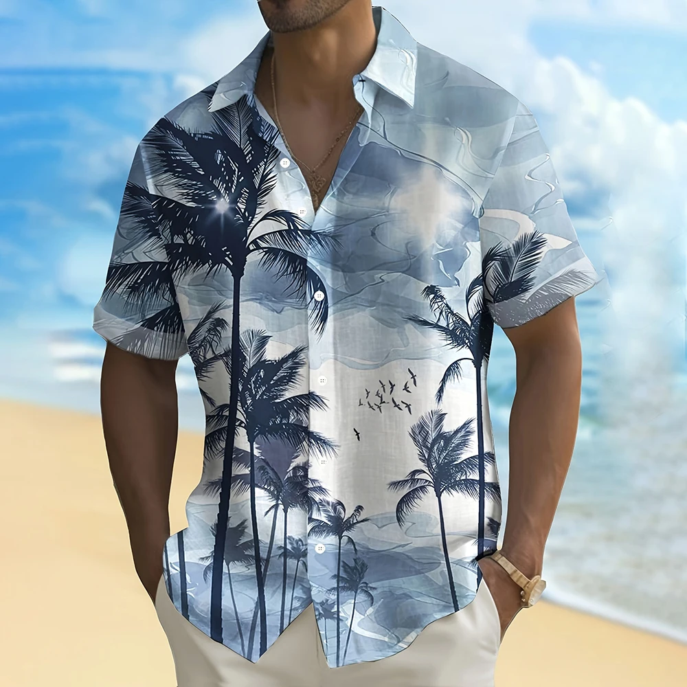 Men'S Loose Shirt Fashionable Coconut Tree Print Shirt Men'S Plus-Size Lapel Button Down Shirt Hawaii Vacation Casual Shirt