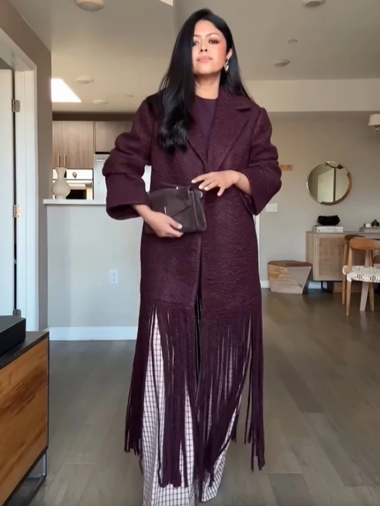 Elegant Solid Color Lapel Long Coat Women Single Button Fringe Hem Loose Overcoat Fall Winter Fashion Street Daily Outerwear New