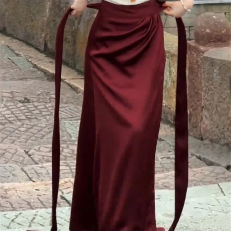 

New Summer Elegant Long Skirt Women Lace Up High Waist Slim Fashion Pleated Office Lady Solid Color Jupe Women's Clothing