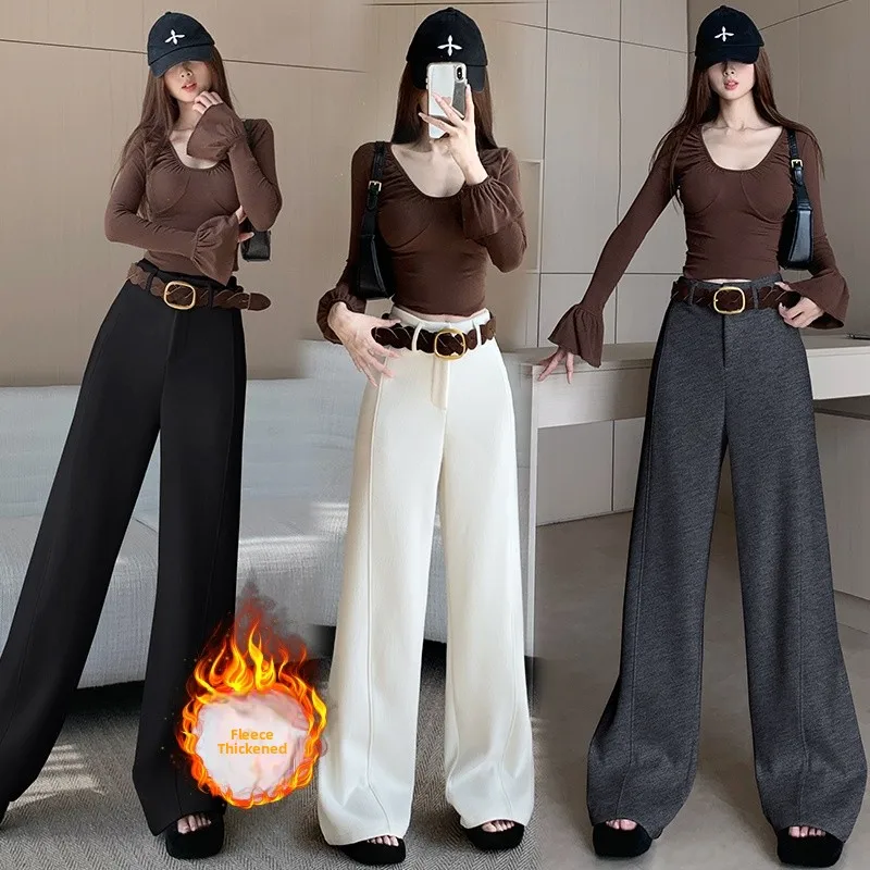 السيدات الصوفية السراويل واسعة الساق الخريف الشتاء Thiened Fce نسخة ضيقة السراويل ثنى السراويل الصوفية الناعمة عالية الخصر Z... #1
