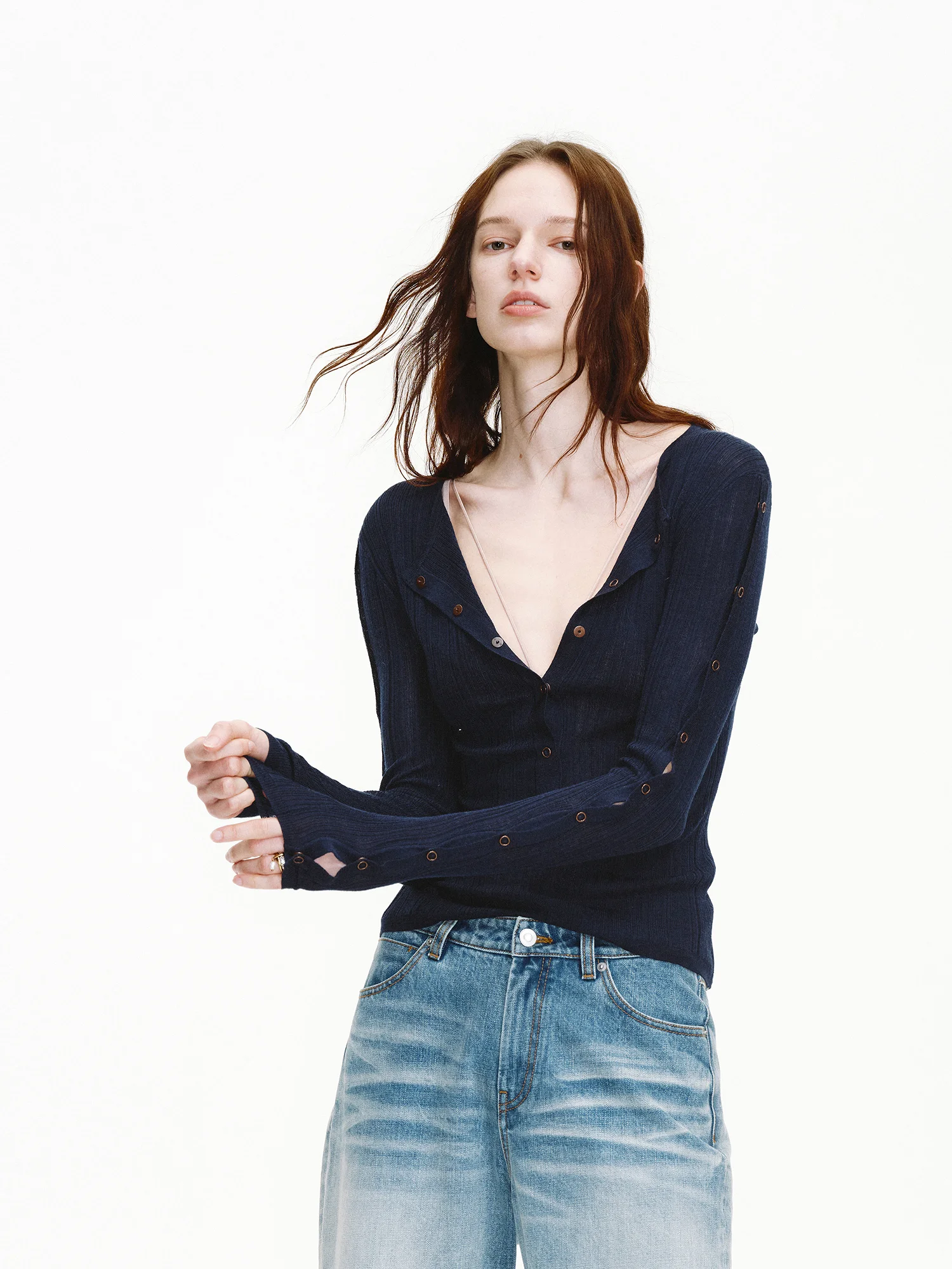 

Silk Wool Blend Long Sve Knitted Open Cardigan Women's Slim Fit Henry Collar Waist Cinched Multiple Buttons Commute Sle